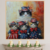 Mother Cat and Three Kittens Dressed in Patriotic Red White and Blue Outfits with Stars and Bows in Oil Painting Style on Ready to Hang 1.5" Thick Canvas Wrap, Floating Framed Canvas, Flat Rolled Canvas